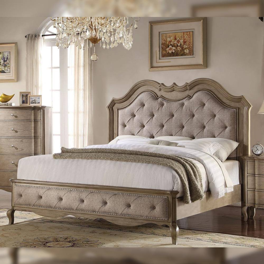 Elegant Beige Fabric Queen Bed with Tufted Nailhead Upholstery