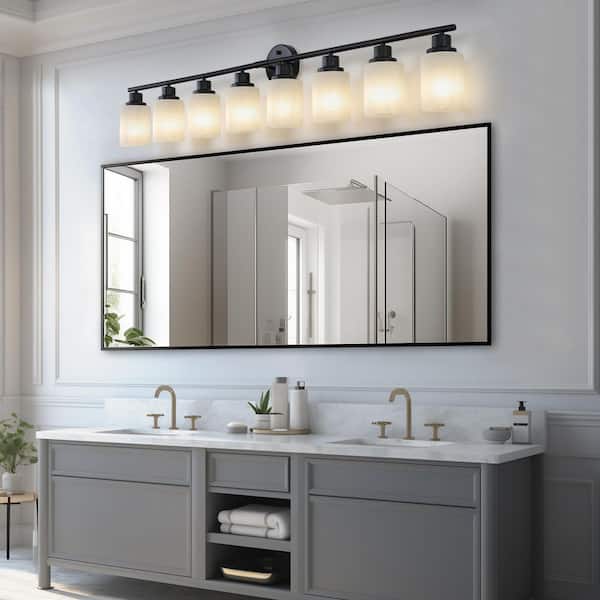 52 in. 8-Light Black Vanity Light with White Glass Shade for Bedroom, Bathroom (Bulb Not Included)