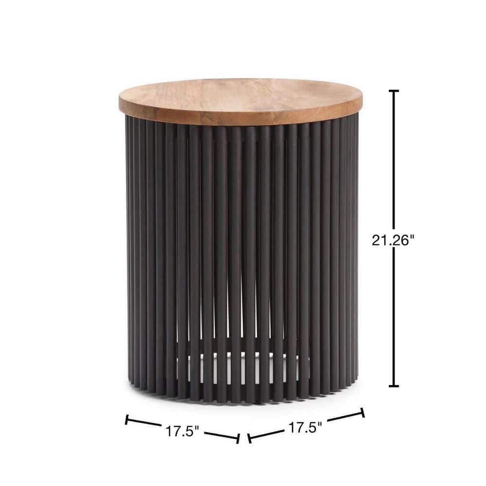 Demy Industrial Round Metal and Wood 18" Accent Side Table in Natural Black