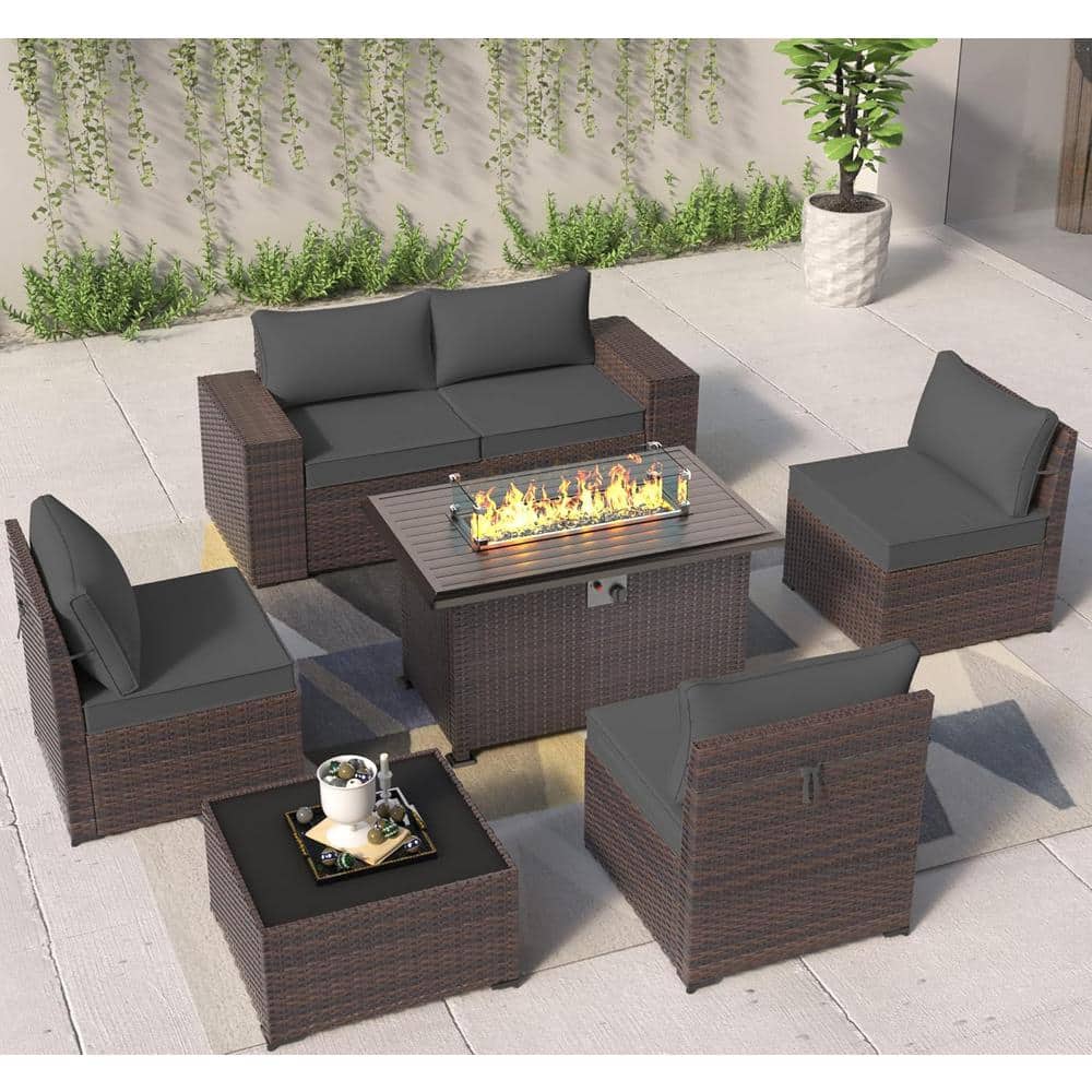 7-Piece Wicker Patio Fire Pit Set with 55000 BTU Gas Fire Pit Table, Coffee Table, Glass Wind Guard and Cushion Gray price history on PriceWatchPro
