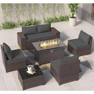 7-Piece Wicker Patio Fire Pit Set with 55000 BTU Gas Fire Pit Table, Coffee Table, Glass Wind Guard and Cushion Gray