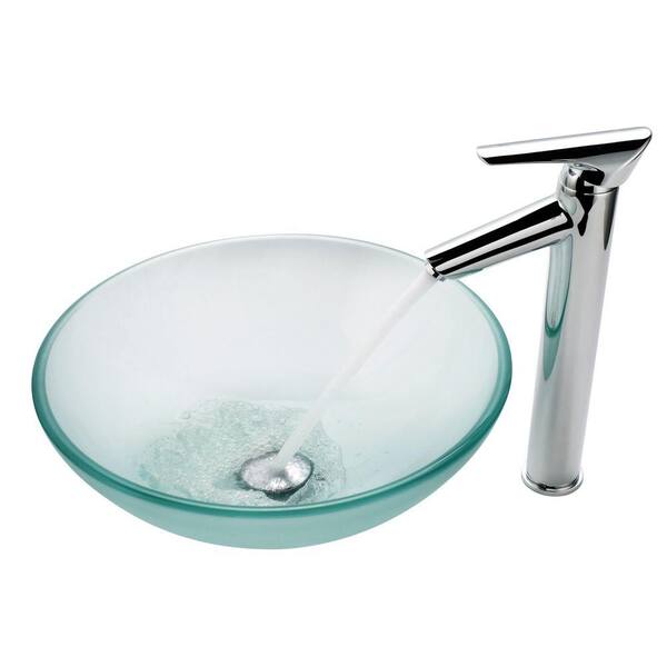 KRAUS Frosted Glass Vessel Sink in Clear with Decus Faucet in Chrome
