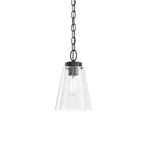 Roycroft 7 in. 1-Light Black Farmhouse Shaded Kitchen Pendant Hanging Light with Clear Seeded Glass