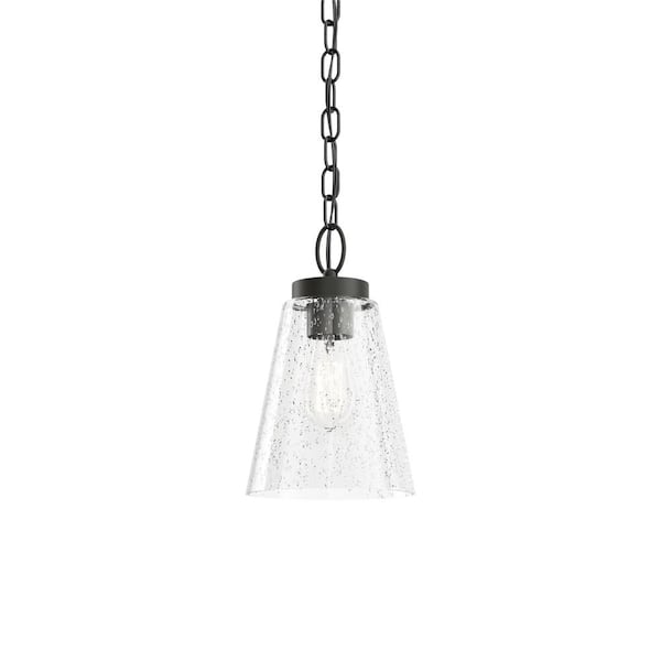 KICHLER Roycroft 7 in. 1-Light Black Farmhouse Shaded Kitchen Pendant Hanging Light with Clear Seeded Glass
