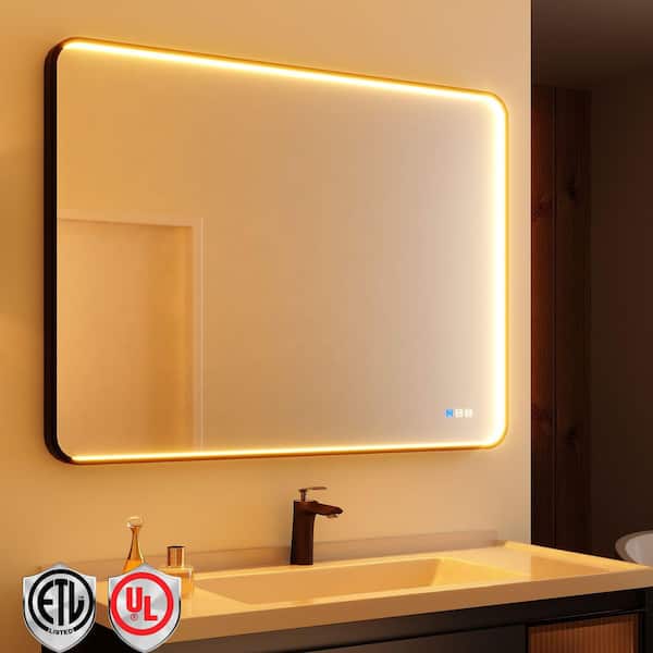 48 in. W x 36 in. H Rectangular LED Aluminum Framed Modern Black Rounded Wall Mirror with Front Light