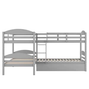 Gray Twin Size L-Shaped Bunk Bed with Trundle, Converted Into 2 L-Shaped Bed, Built-In Ladder and Guardrail, Wood