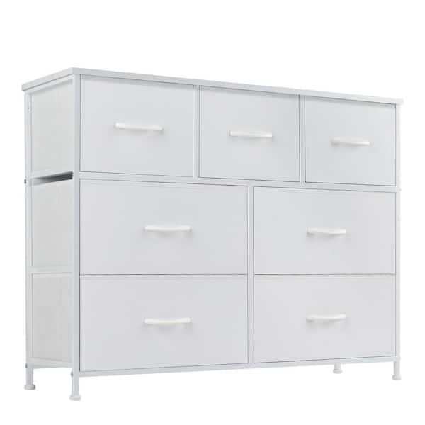 7-Drawer White Fabric Dresser, Storage Cabinet Organizer with Waterproof Top and Adjustable Metal Legs