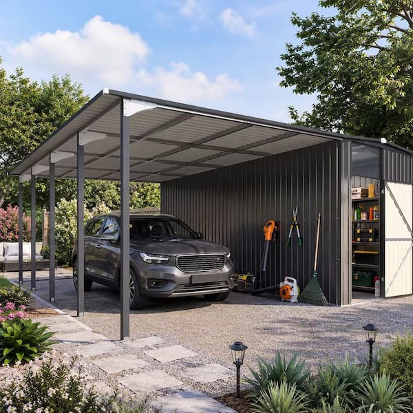 16 ft. W x 16 ft. D Outdoor Metal Shed and Hardtop Gazebo Combo, Hardtop Carport with Storage (256 sq. ft.)