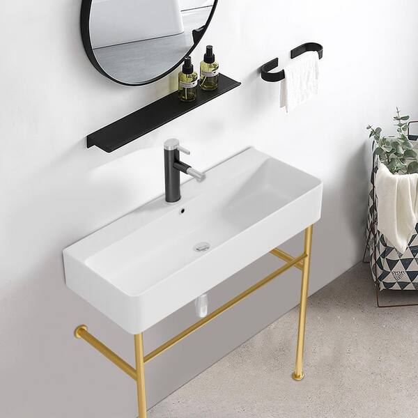 Modern 5.3 in. Console Bathroom Sink in White with Metal Legs ASLD102480 -  The Home Depot