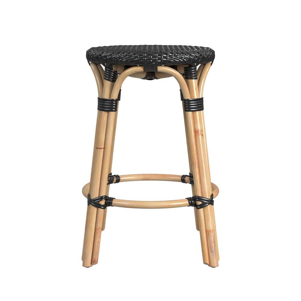 24" Black and Natural Rattan Backless Counter Stool