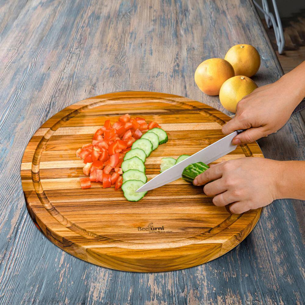 16" Round Teak Wood Reversible Cutting Board with Juice Groove