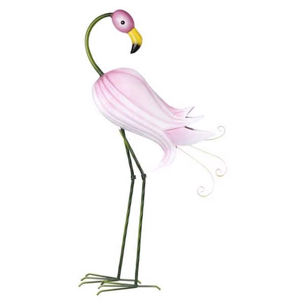 33 in. Pink Iron Hibiscus Flamingo Statue