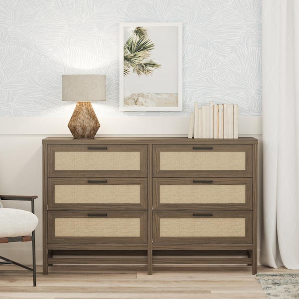 Ameriwood Home Lystra 6-Drawer Dresser, Medium Brown and Faux Rattan