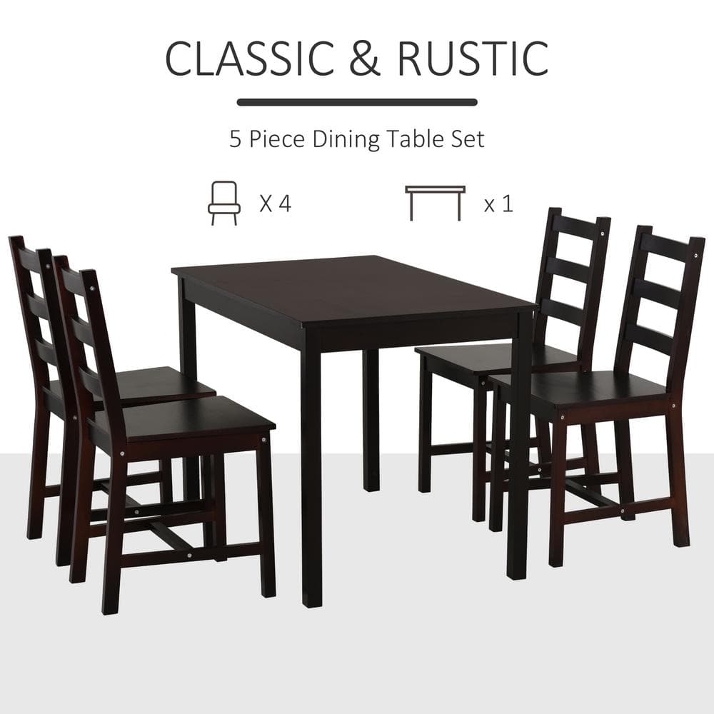 Brown Solid Pine Wood Dining Set with 4 High Back Chairs