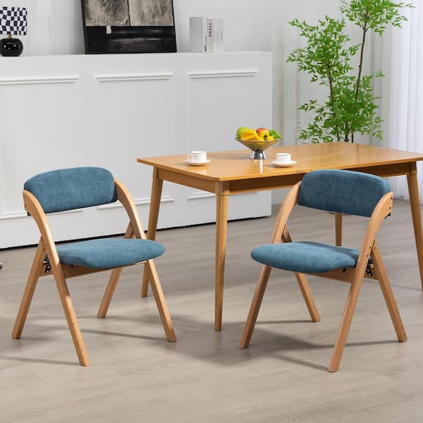 HOMEFUN Folding Wooden Stackable Dining Chairs with Lake Blue Padded Seats (Set of 2)