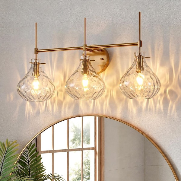 21.65 in. 3 Light Gold Vanity Light with Ripple Glass Shade