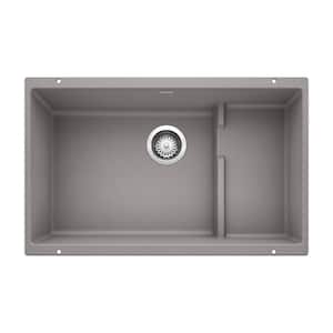 PRECIS CASCADE Undermount Granite Composite 29 in. Single Bowl Kitchen Sink with Mesh Colander in Metallic Gray