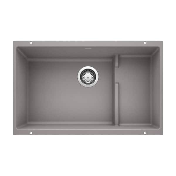Blanco PRECIS CASCADE Undermount Granite Composite 29 in. Single Bowl Kitchen Sink with Mesh Colander in Metallic Gray