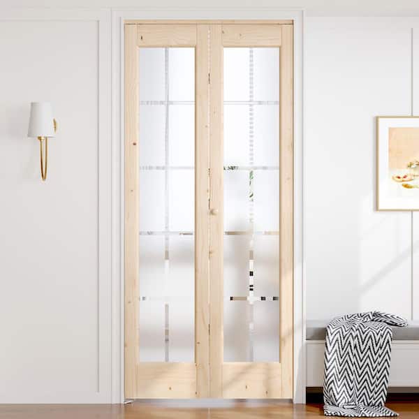 36 in. x 80 in. 3/4 Lite Frosted Glass Preassembled Solid Core Wood Spruce Bi-Fold Door with Hardware