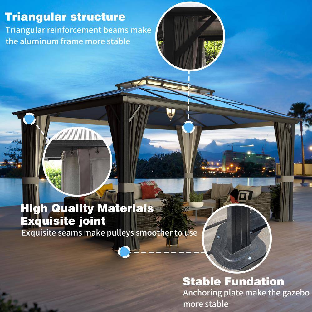 16' x 12' Black Aluminum Patio Gazebo with Curtains