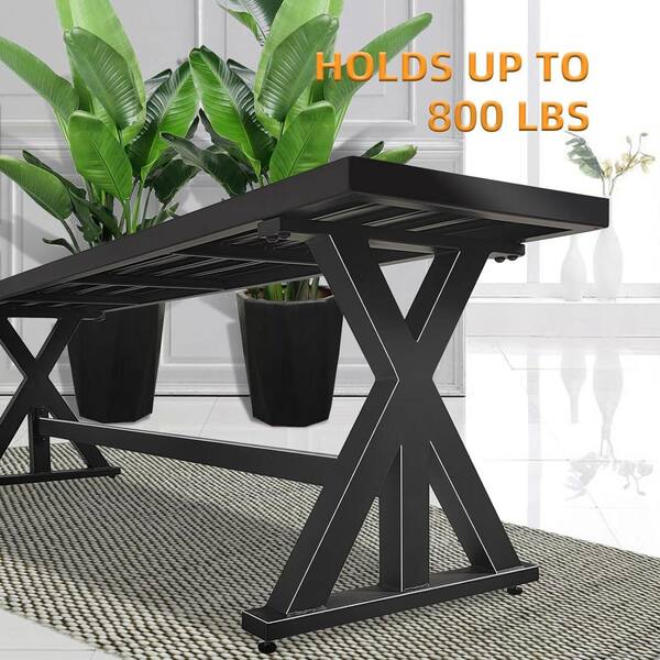 Black Metal Outdoor All Weather Bench with Sturdy X-Leg, Dining