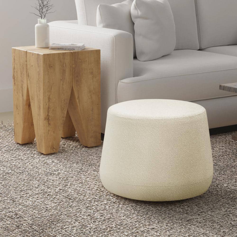 Snow Thimble-Shaped Round Ottoman in Soft Grey Sherpa