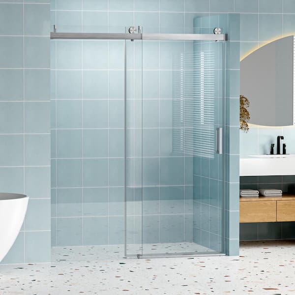 Abruzzo 60 in. W x 76 in. H Frameless Single Sliding Shower Door in Brushed Nickel with Tempered Clear Glass