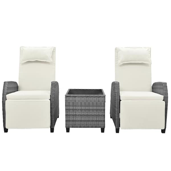 Angel Sar 3-Piece Wicker Patio Conversation Set Adjustable Chair Combination with Coffee Table and Beige Cushions