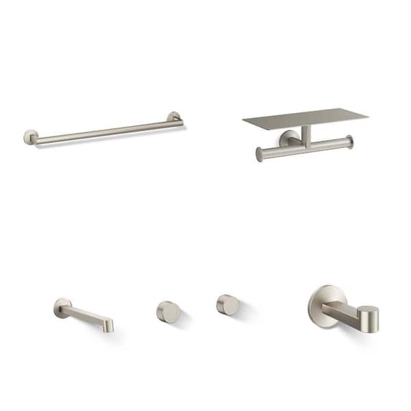 Components Vibrant Brushed Nickel Bathroom Set: J-Hook, 24 in. Towel Bar, Toilet Paper Holder, Faucet Handle Trim