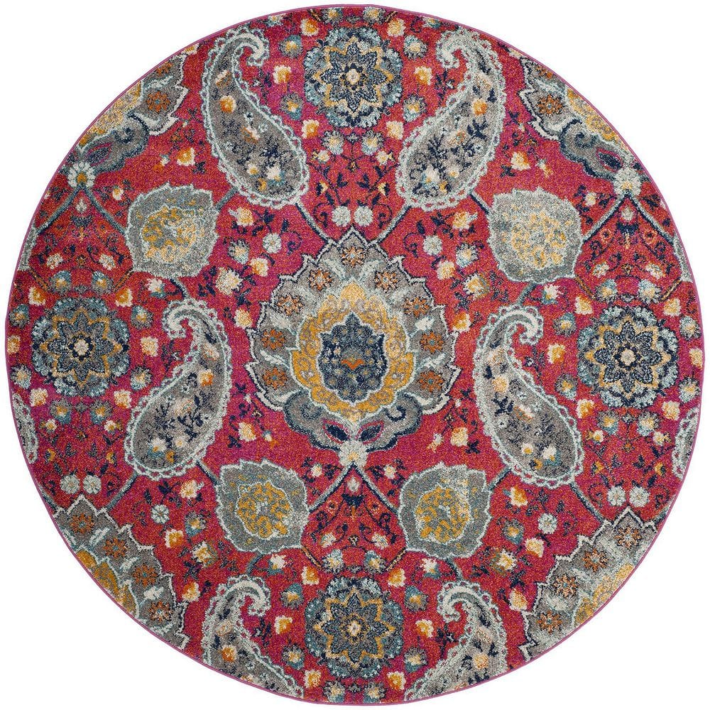 Red Polypropylene 4 ft. x 4 ft. Floral Indoor Round Area Rug