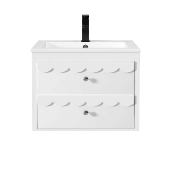 24 in. W x 18.3 in. D x 18.1 in. H Floating Single Sink Bath Vanity in White with White Ceramic Top and Drain Faucet Set