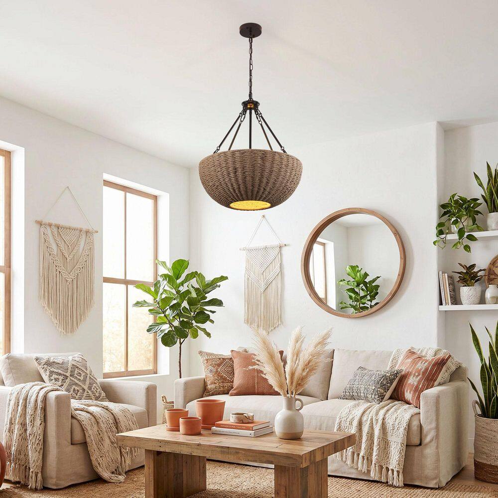 5-Light 19.68 in. Black Boho Farmhouse Dimmable Bowl Pendant Light with Hand-woven Rattan shade for Bedroom Dining Room price history on PriceWatchPro
