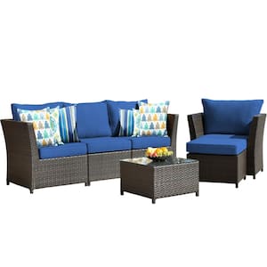 Huron Gorden Brown 6-Piece Wicker Outdoor Patio Conversation Sectional Sofa Set with Navy Blue Cushions
