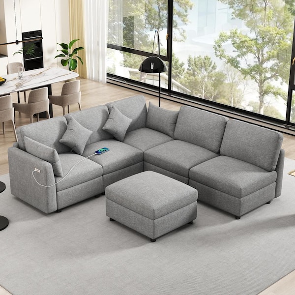 86.6 in. Square Arm Chenille Sofa in Light Gray with a Movable Ottoman and Two USB Ports for Living Room