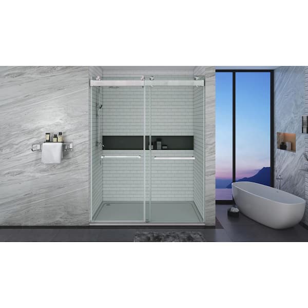 Sunny Shower Fully Frameless Sliding Shower Doors, 3/8 Clear Glass, 60 W  x 72 H Shower Enclosure, Brushed Stainless Steel 