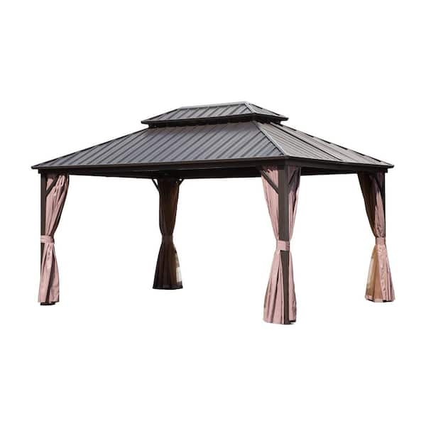 LATTOY 12 ft. x 14 ft. Double Galvanized Steel Roof Aluminum Frame Outdoor Patio Hardtop Gazebo with Netting and Curtains