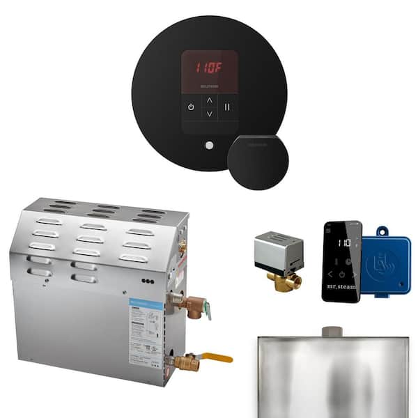 MS 12 kW (12000 W) Steam Shower Generator Package with round iTempo Control in Matte Black and Accessories