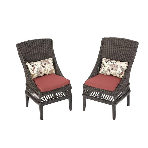 Hampton Bay Woodbury Wicker Outdoor Patio Dining Chair with Chili Cushion (2-Pack)