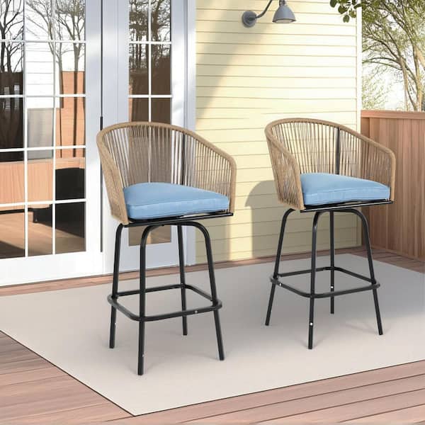 Unbranded 2-Piece All Weather Wicker Outdoor Bar Stool Patio Chairs with Backrest, Armrests and Blue Cushion