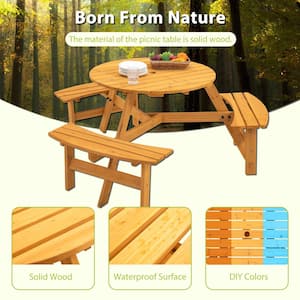 35 in.W x 27 in. H x 35 in.D 6-People Natural Circular Outdoor Wooden Round PicnicTable with 3 Built-in Benches Backyard
