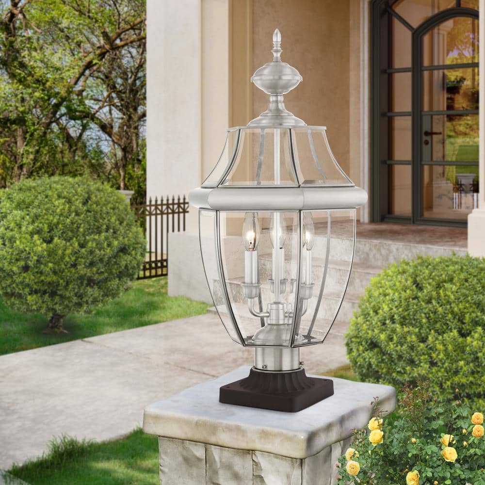 Monterey Brushed Nickel 3-Light Outdoor Post Lantern with Clear Beveled Glass