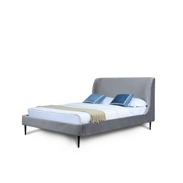 Heather Mid-Century Modern Gray Velvet Upholstered Wood Frame Full-Size Platform Bed with Black Legs