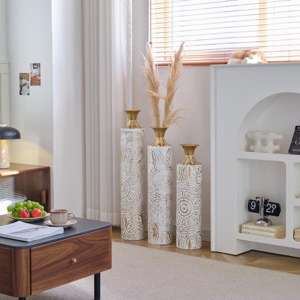 PRIMROSE CARNATION LLC Gorgeous Elegant Large Glazed 32 in. White Gold Floor Metal Wedding Vases Set of 3, for Home Office Proch Decoration