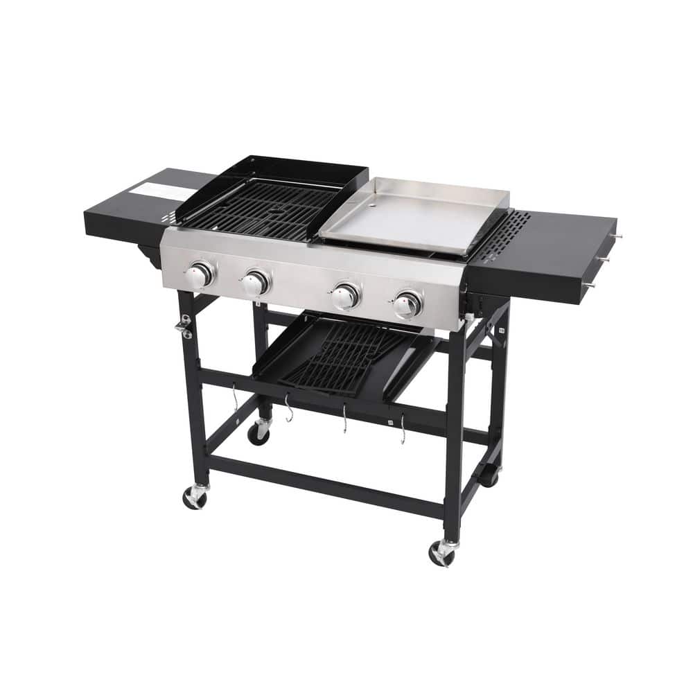4-Burner Propane Gas 28in. Stainless Steel Flat Top/Griddle and Grill Combo Grill Black w/Extra Cast Iron Cooking Grates