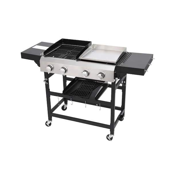 4-Burner Propane Gas 28in. Stainless Steel Flat Top/Griddle and Grill Combo Grill Black w/Extra Cast Iron Cooking Grates