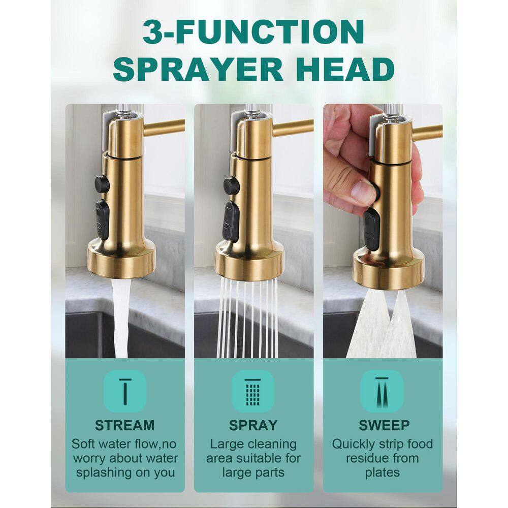 Brushed Gold Stainless Steel Pull Down Kitchen Faucet with Soap Dispenser