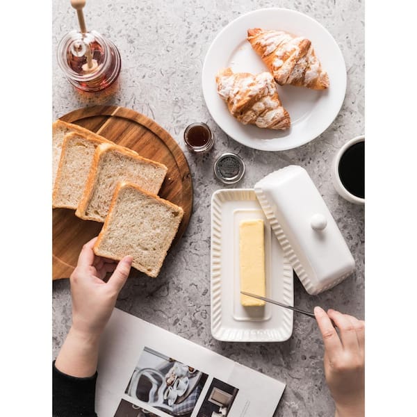 Wudkey 4 oz. White Ceramic Butter Dish with Striped Pattern and