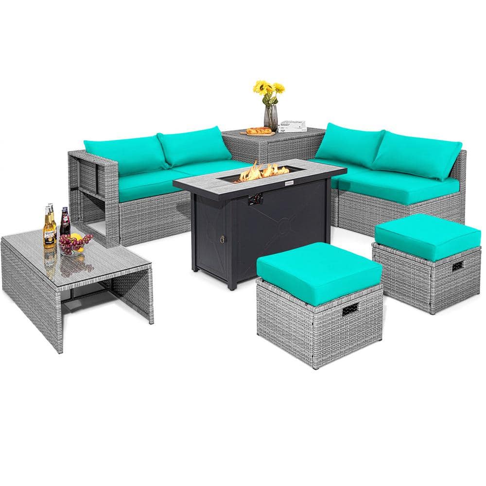 9-Pieces Wicker Patio Conversation Set Outdoor Sectional Sofa Set with 60,000 BTU Fire Pit and Turquoise Cushions -  HONEY JOY, TOPB007294