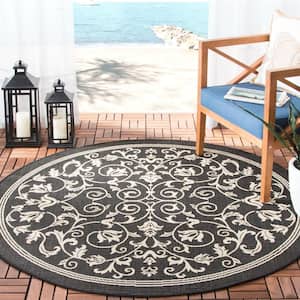 Courtyard Black/Sand 4 ft. x 4 ft. Border Scroll Floral Indoor/Outdoor Patio  Round Area Rug