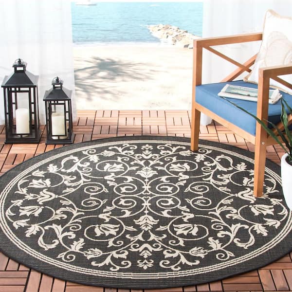 Courtyard Black/Sand 8 ft. x 8 ft. Round Border Indoor/Outdoor Patio  Area Rug